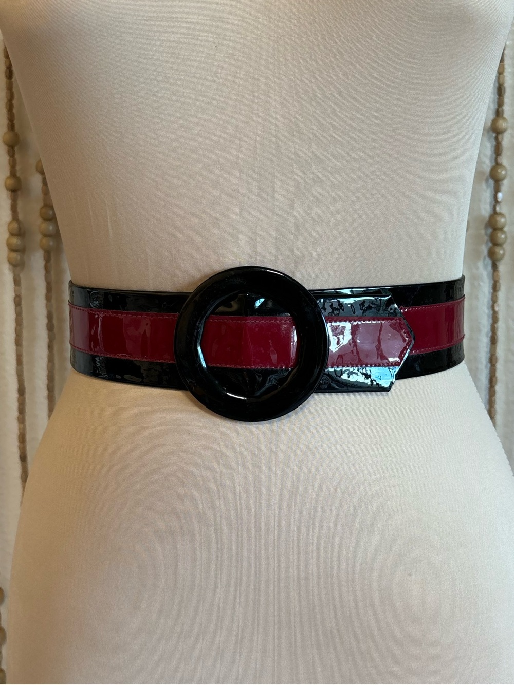 Red Black Patent Leather Pinup Y2K Colorblock Striped Waist Cinch Belt